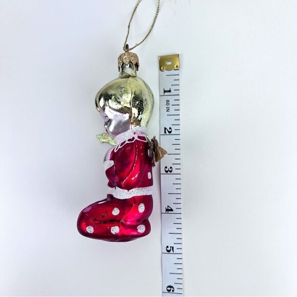 Vintage Vetro Soffiato a Boca Angel Ornament, Italian Glittered Red Angel Girl - Picture 5 of 5